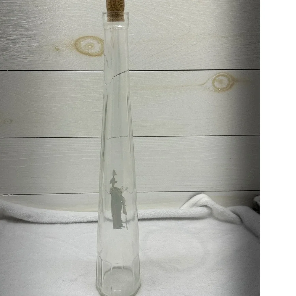 Bolaro Glass Decanter Italy Clear Tall Soldier Graphic FacetedBase Excellent Vtg